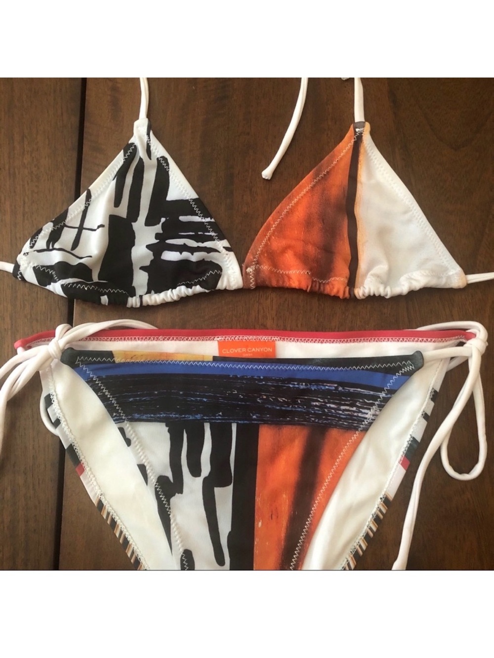 clover canyon bikini swimsuit string tie mismatched print pattern white